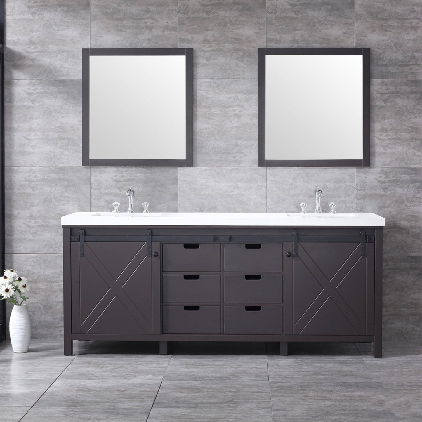 Marsyas 80" White, Dark Grey, Brown, Rustic Brown or Ash Grey Double Vanity, Available with White Carrara Marble Top and Quartz Top, White Square Sink, 30" Mirror and Faucet - The Bath Vanities