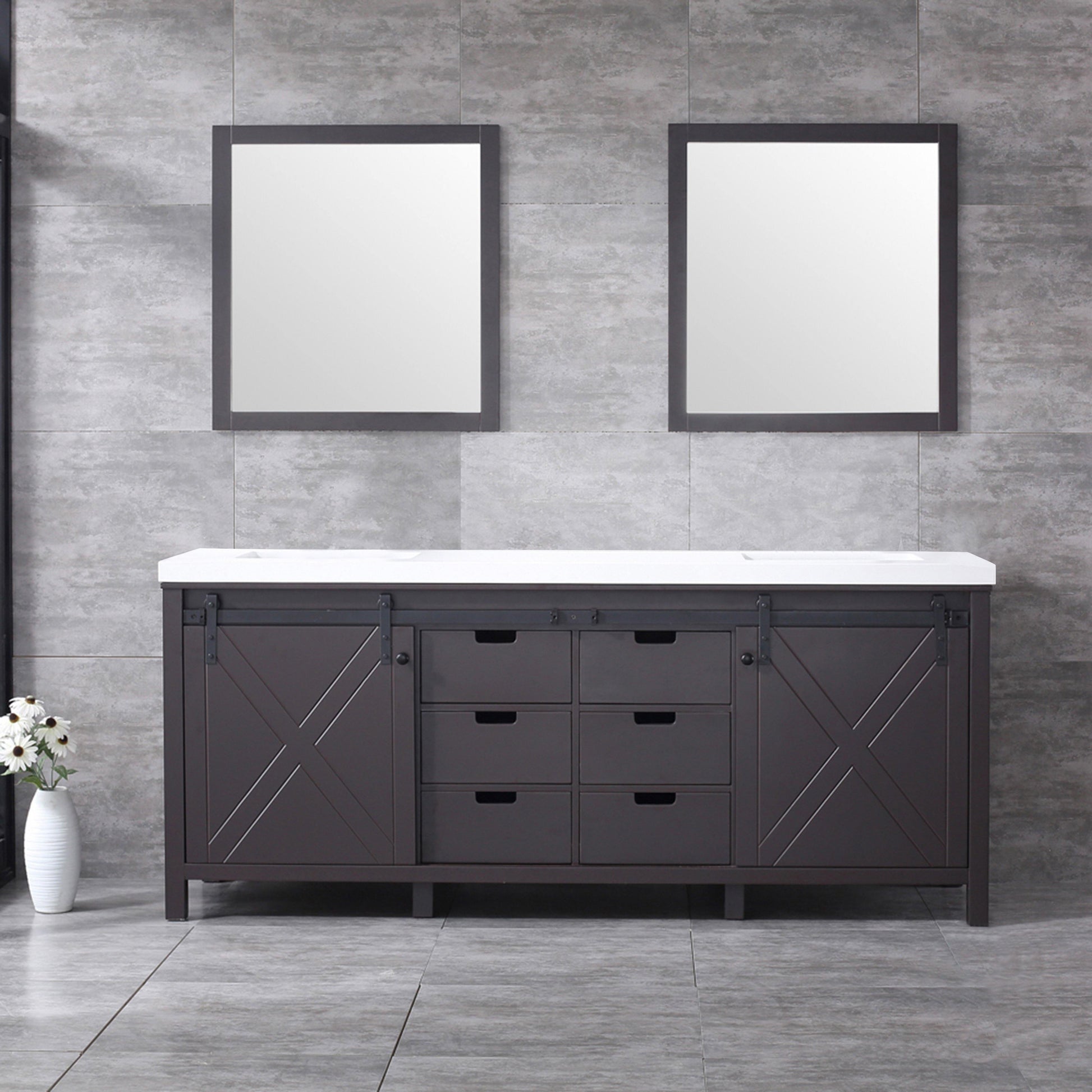 Marsyas 80" White, Dark Grey, Brown, Rustic Brown or Ash Grey Double Vanity, Available with White Carrara Marble Top and Quartz Top, White Square Sink, 30" Mirror and Faucet - The Bath Vanities