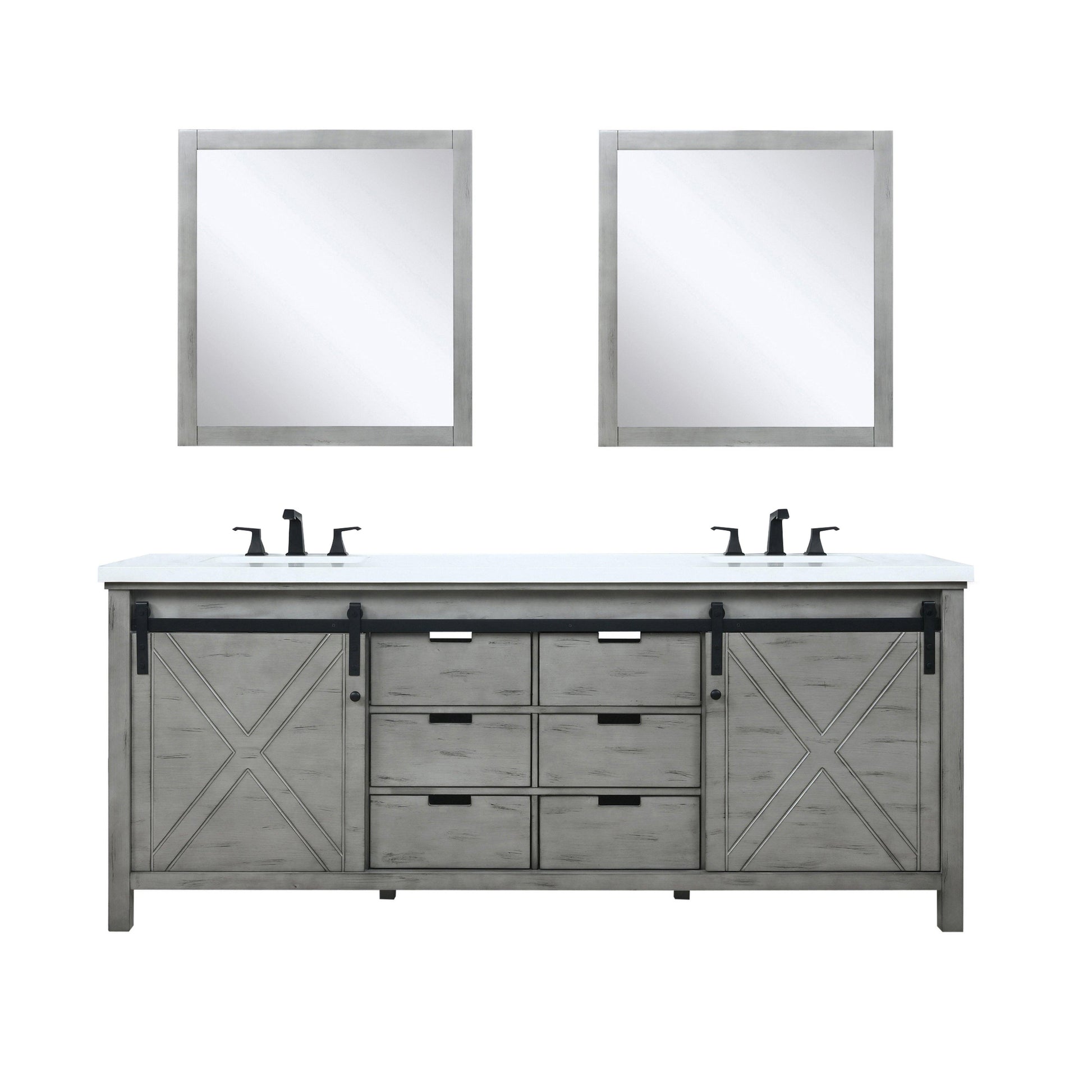 Marsyas 80" White, Dark Grey, Brown, Rustic Brown or Ash Grey Double Vanity, Available with White Carrara Marble Top and Quartz Top, White Square Sink, 30" Mirror and Faucet - The Bath Vanities