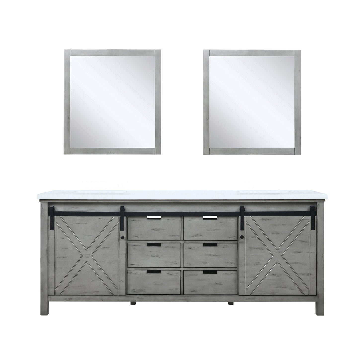 Marsyas 80" White, Dark Grey, Brown, Rustic Brown or Ash Grey Double Vanity, Available with White Carrara Marble Top and Quartz Top, White Square Sink, 30" Mirror and Faucet - The Bath Vanities