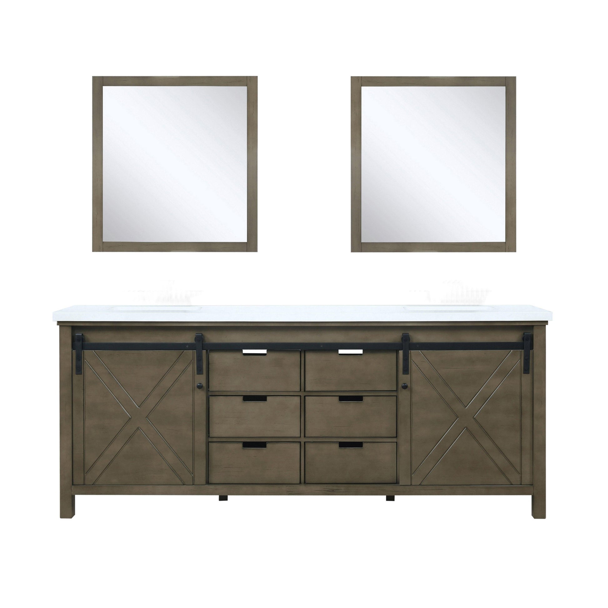 Marsyas 80" White, Dark Grey, Brown, Rustic Brown or Ash Grey Double Vanity, Available with White Carrara Marble Top and Quartz Top, White Square Sink, 30" Mirror and Faucet - The Bath Vanities