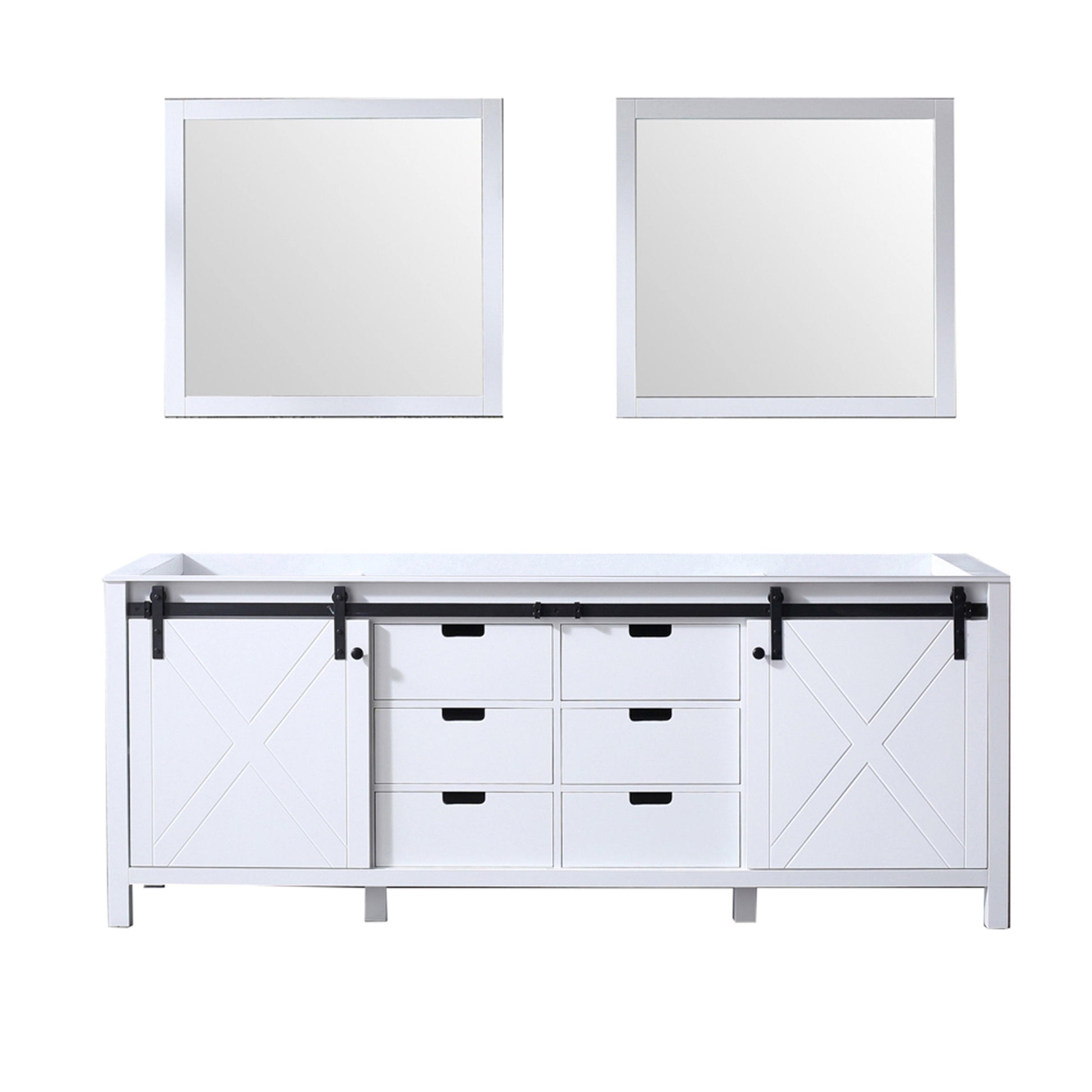 Marsyas 84" White, Dark Grey, Brown, Rustic Brown, Ash Grey Double Vanity, Available with White Carrara Marble Top and Quartz Top, White Square Sink, 34" Mirror and Faucet - The Bath Vanities