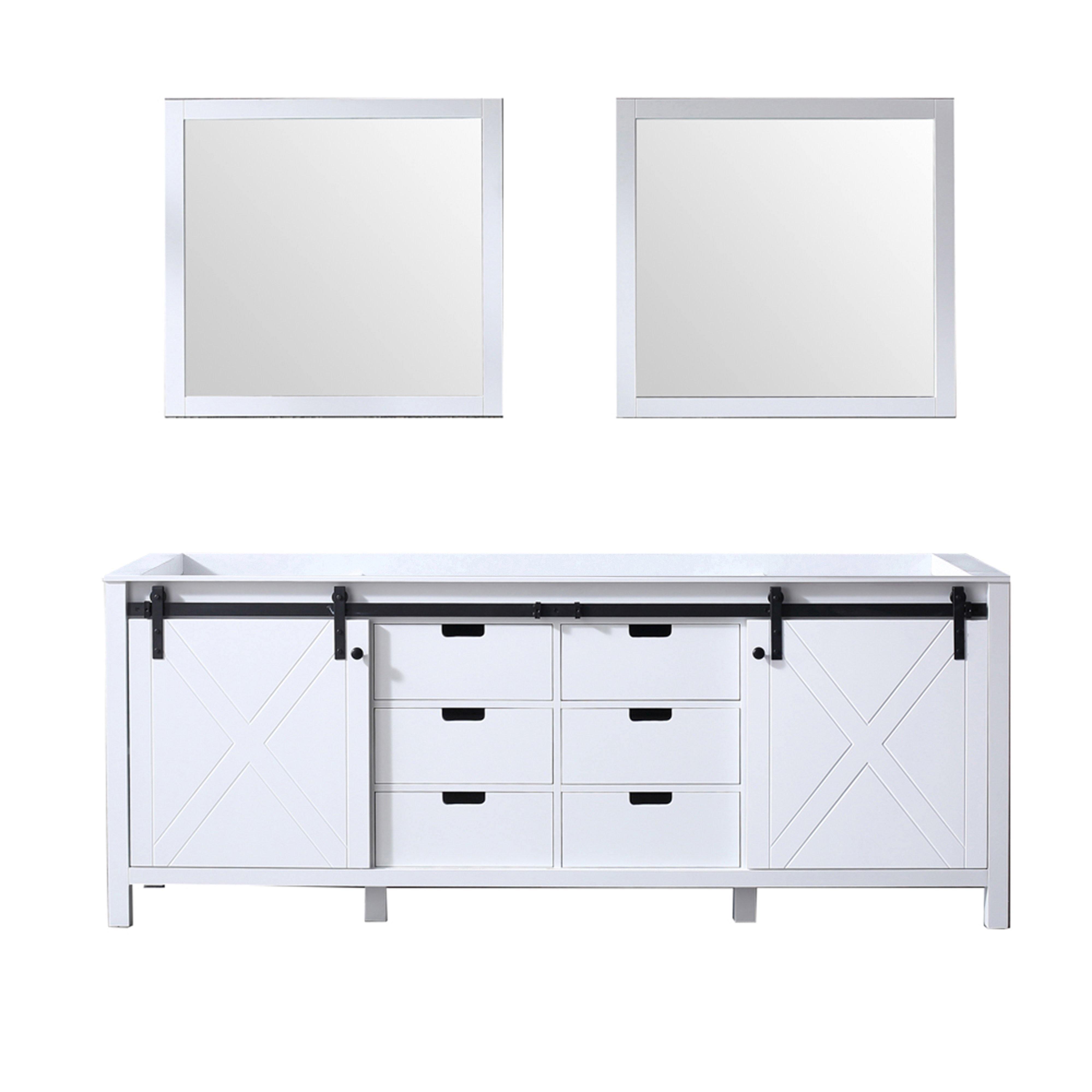 Marsyas 84" White, Dark Grey, Brown, Rustic Brown, Ash Grey Double Vanity, Available with White Carrara Marble Top and Quartz Top, White Square Sink, 34" Mirror and Faucet - The Bath Vanities