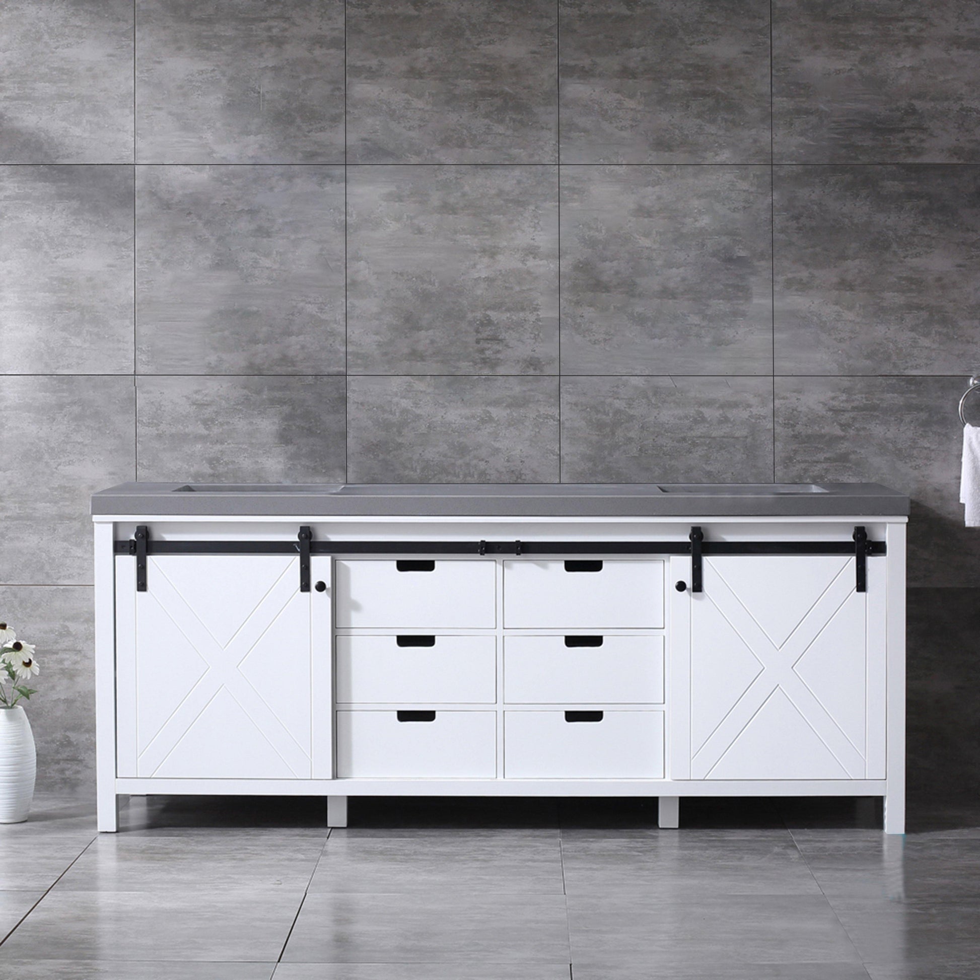 Marsyas 84" White, Dark Grey, Brown, Rustic Brown, Ash Grey Double Vanity, Available with White Carrara Marble Top and Quartz Top, White Square Sink, 34" Mirror and Faucet - The Bath Vanities