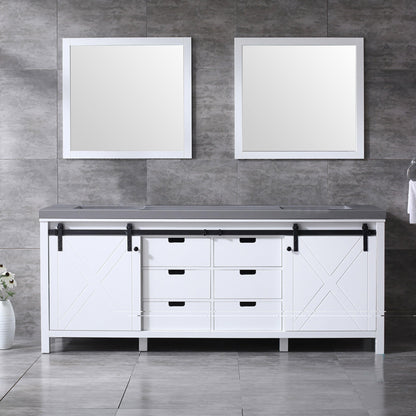 Marsyas 84" White, Dark Grey, Brown, Rustic Brown, Ash Grey Double Vanity, Available with White Carrara Marble Top and Quartz Top, White Square Sink, 34" Mirror and Faucet - The Bath Vanities