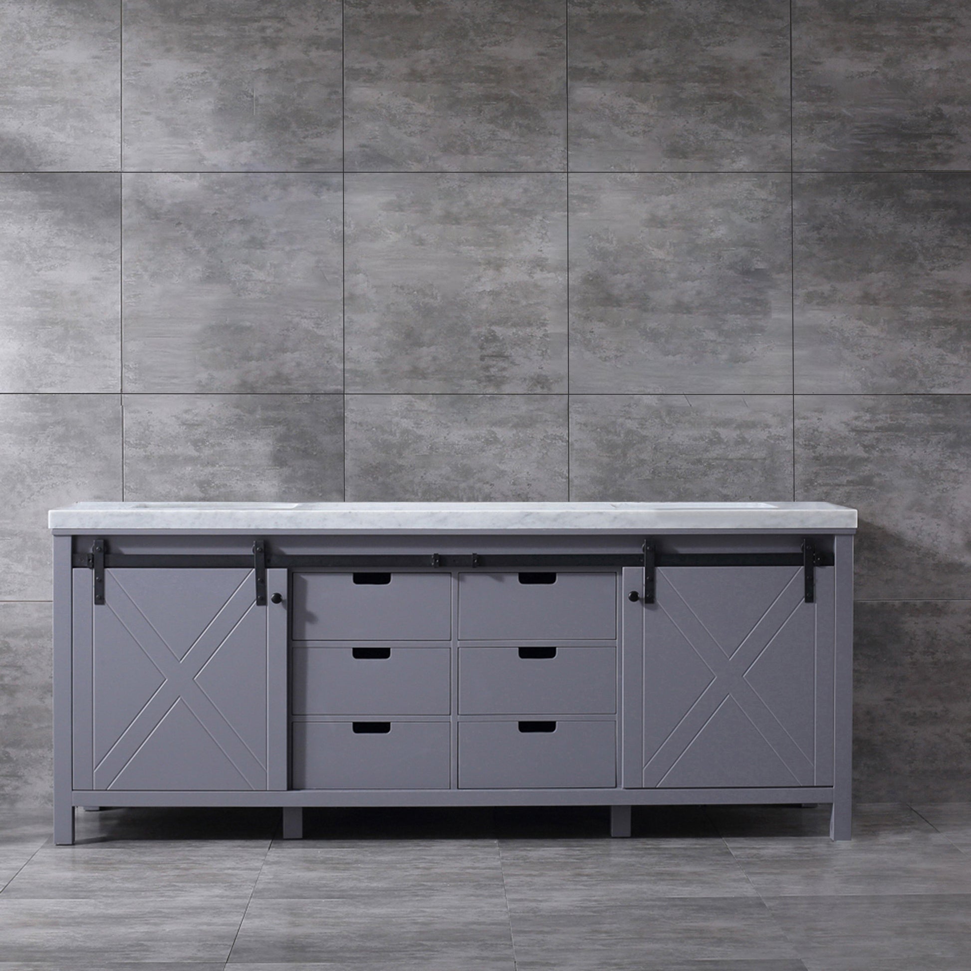 Marsyas 84" White, Dark Grey, Brown, Rustic Brown, Ash Grey Double Vanity, Available with White Carrara Marble Top and Quartz Top, White Square Sink, 34" Mirror and Faucet - The Bath Vanities