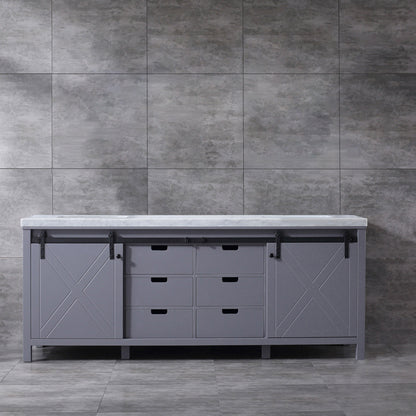 Marsyas 84" White, Dark Grey, Brown, Rustic Brown, Ash Grey Double Vanity, Available with White Carrara Marble Top and Quartz Top, White Square Sink, 34" Mirror and Faucet - The Bath Vanities