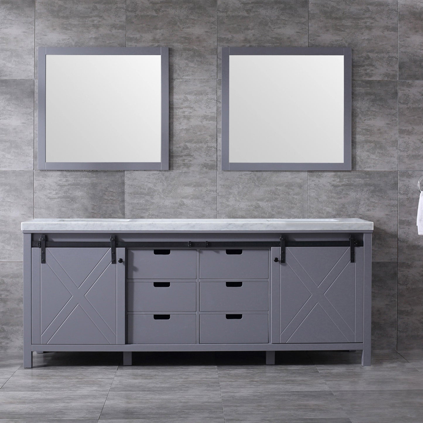 Marsyas 84" White, Dark Grey, Brown, Rustic Brown, Ash Grey Double Vanity, Available with White Carrara Marble Top and Quartz Top, White Square Sink, 34" Mirror and Faucet - The Bath Vanities