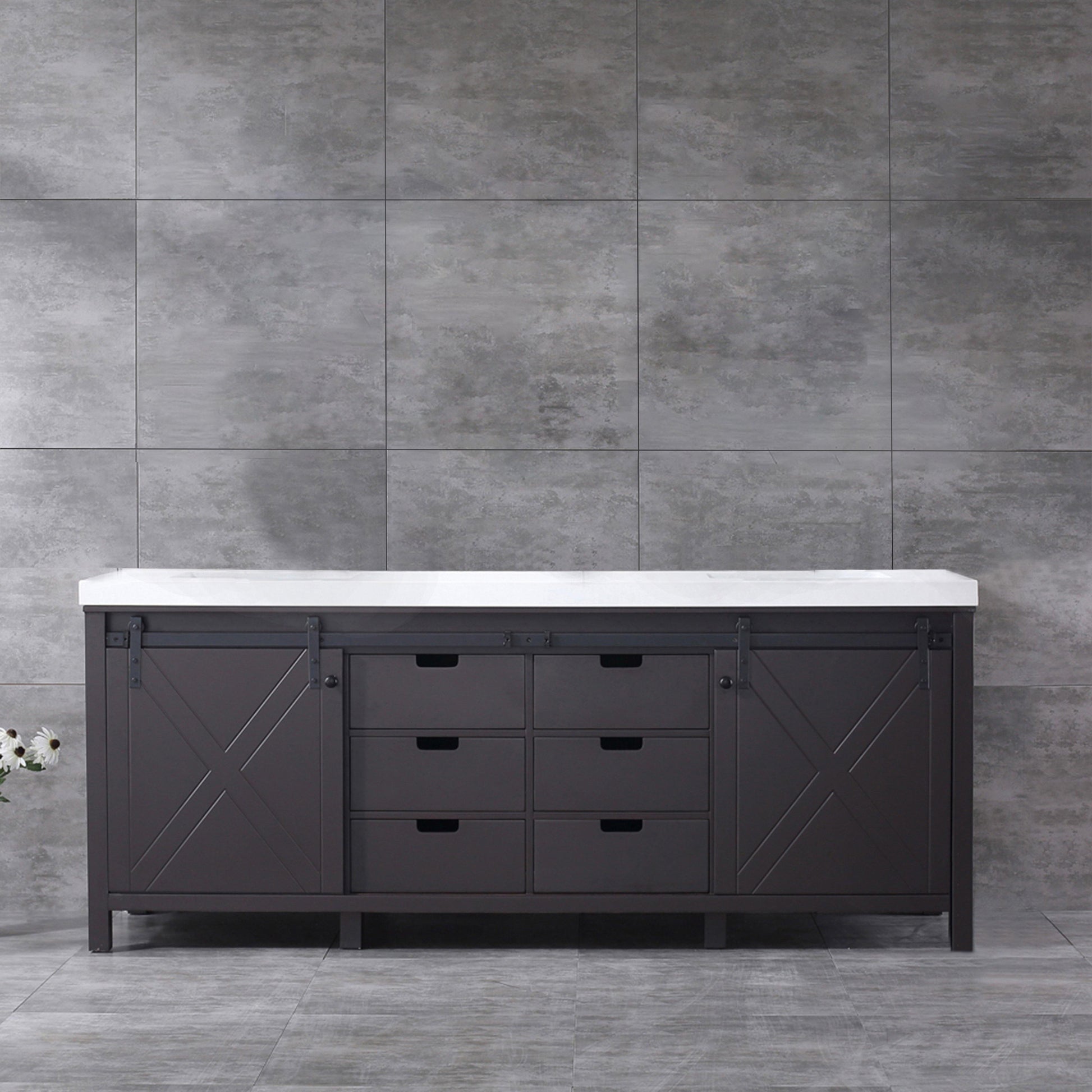 Marsyas 84" White, Dark Grey, Brown, Rustic Brown, Ash Grey Double Vanity, Available with White Carrara Marble Top and Quartz Top, White Square Sink, 34" Mirror and Faucet - The Bath Vanities