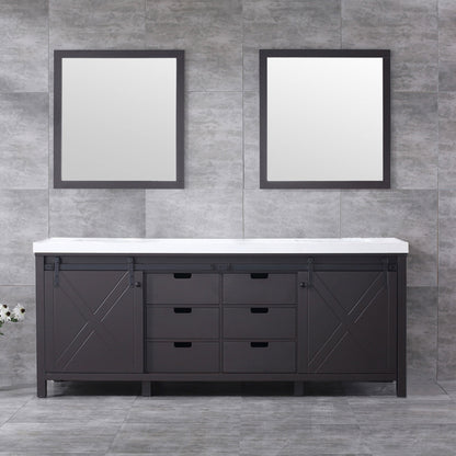 Marsyas 84" White, Dark Grey, Brown, Rustic Brown, Ash Grey Double Vanity, Available with White Carrara Marble Top and Quartz Top, White Square Sink, 34" Mirror and Faucet - The Bath Vanities