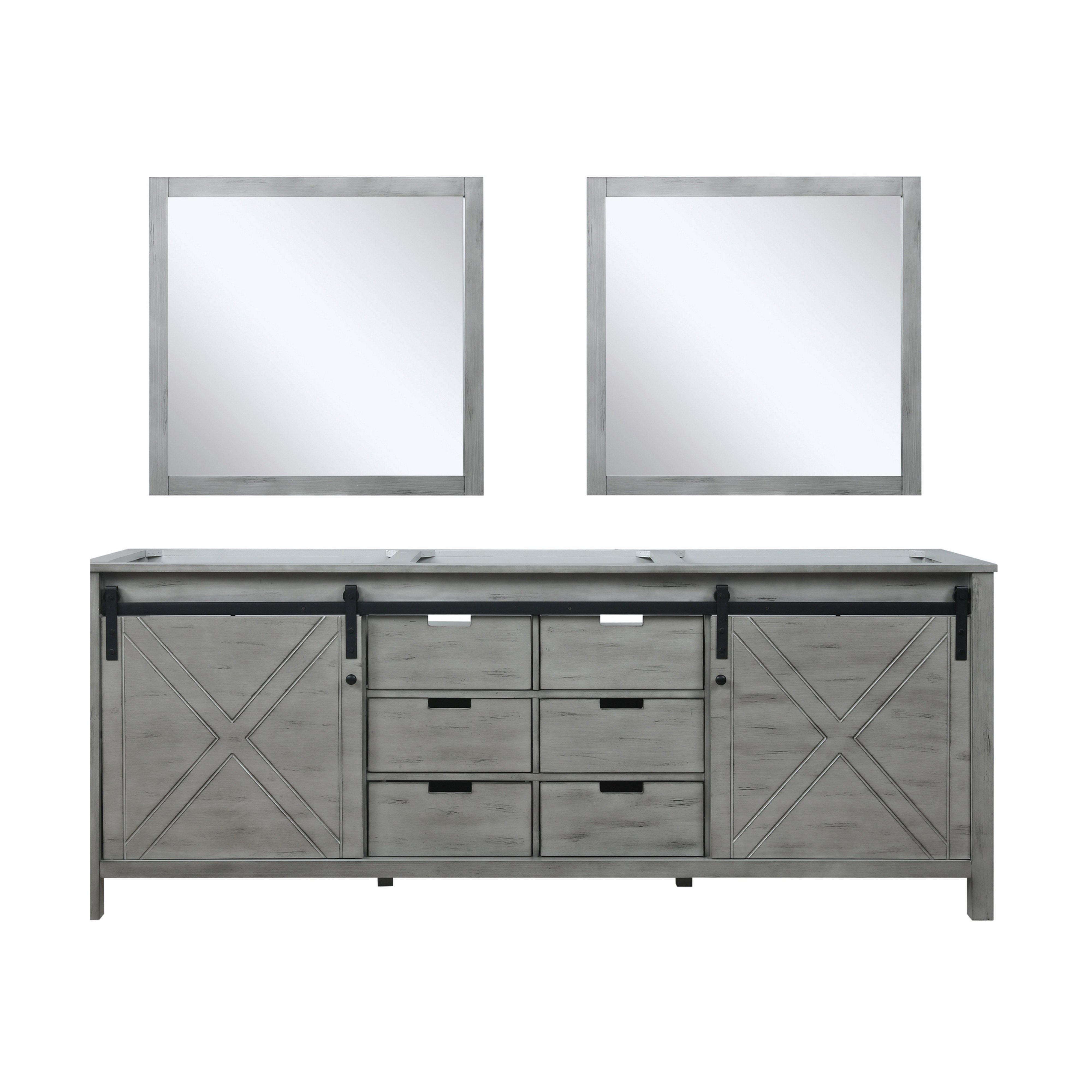 Marsyas 84" White, Dark Grey, Brown, Rustic Brown, Ash Grey Double Vanity, Available with White Carrara Marble Top and Quartz Top, White Square Sink, 34" Mirror and Faucet - The Bath Vanities
