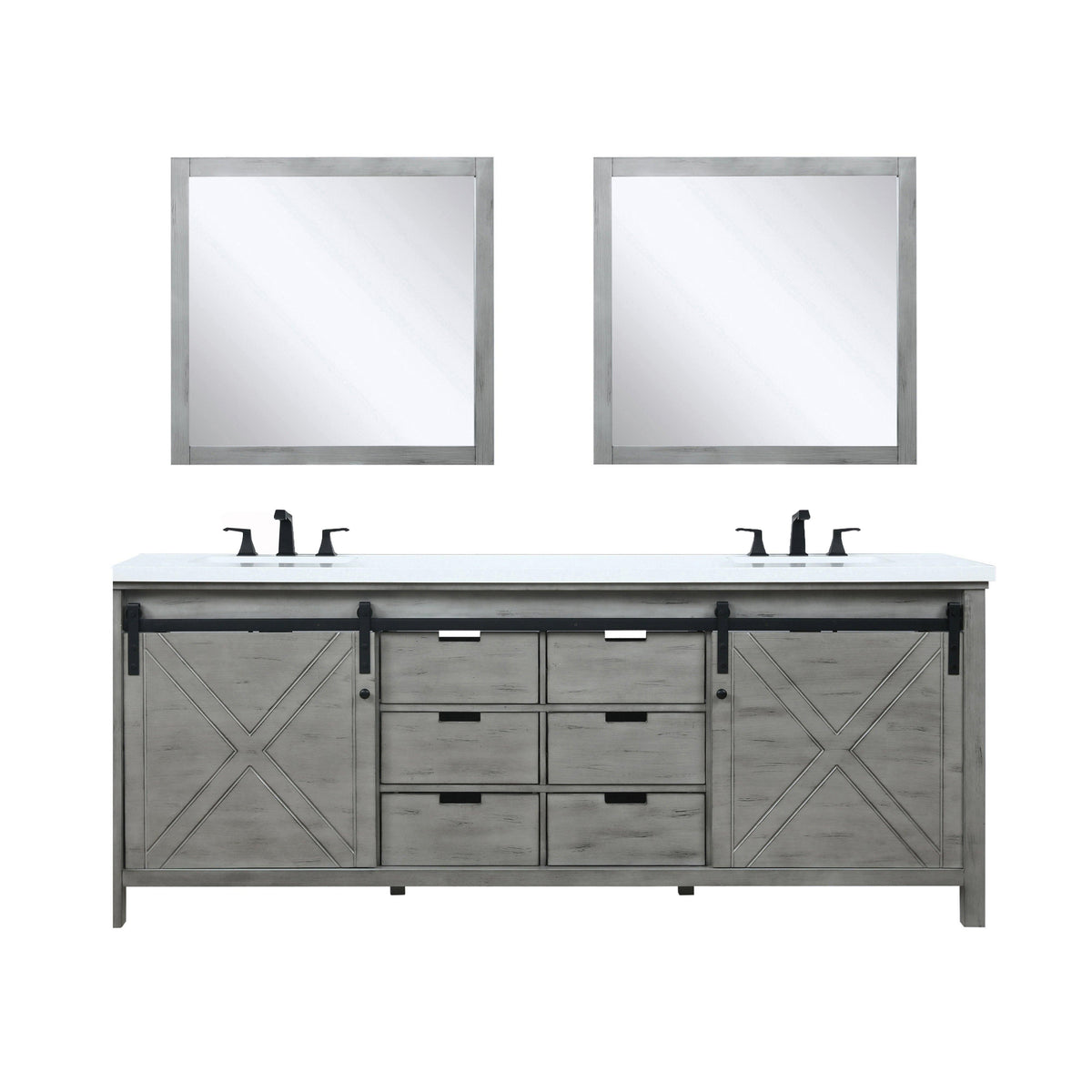 Marsyas 84" White, Dark Grey, Brown, Rustic Brown, Ash Grey Double Vanity, Available with White Carrara Marble Top and Quartz Top, White Square Sink, 34" Mirror and Faucet - The Bath Vanities