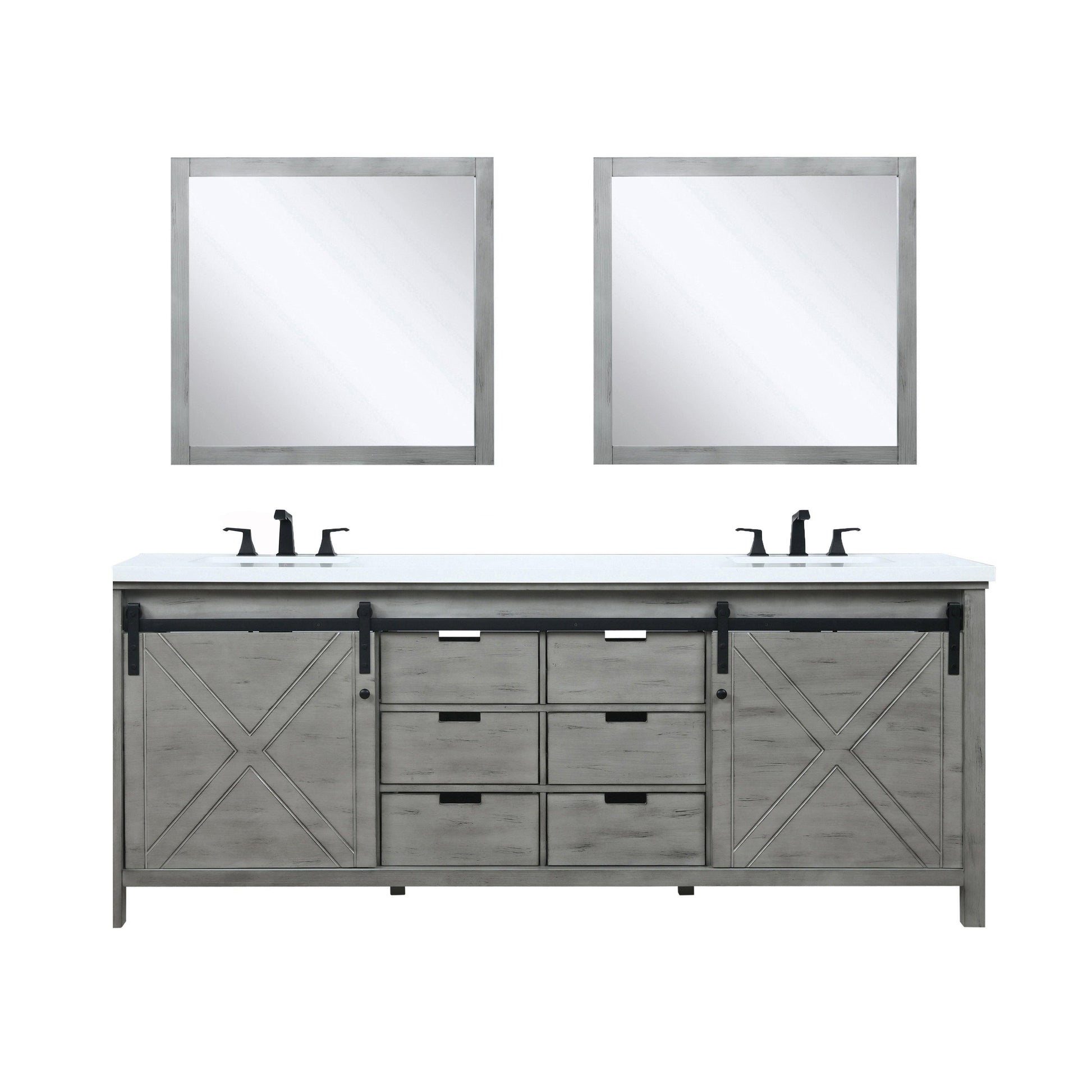 Marsyas 84" White, Dark Grey, Brown, Rustic Brown, Ash Grey Double Vanity, Available with White Carrara Marble Top and Quartz Top, White Square Sink, 34" Mirror and Faucet - The Bath Vanities