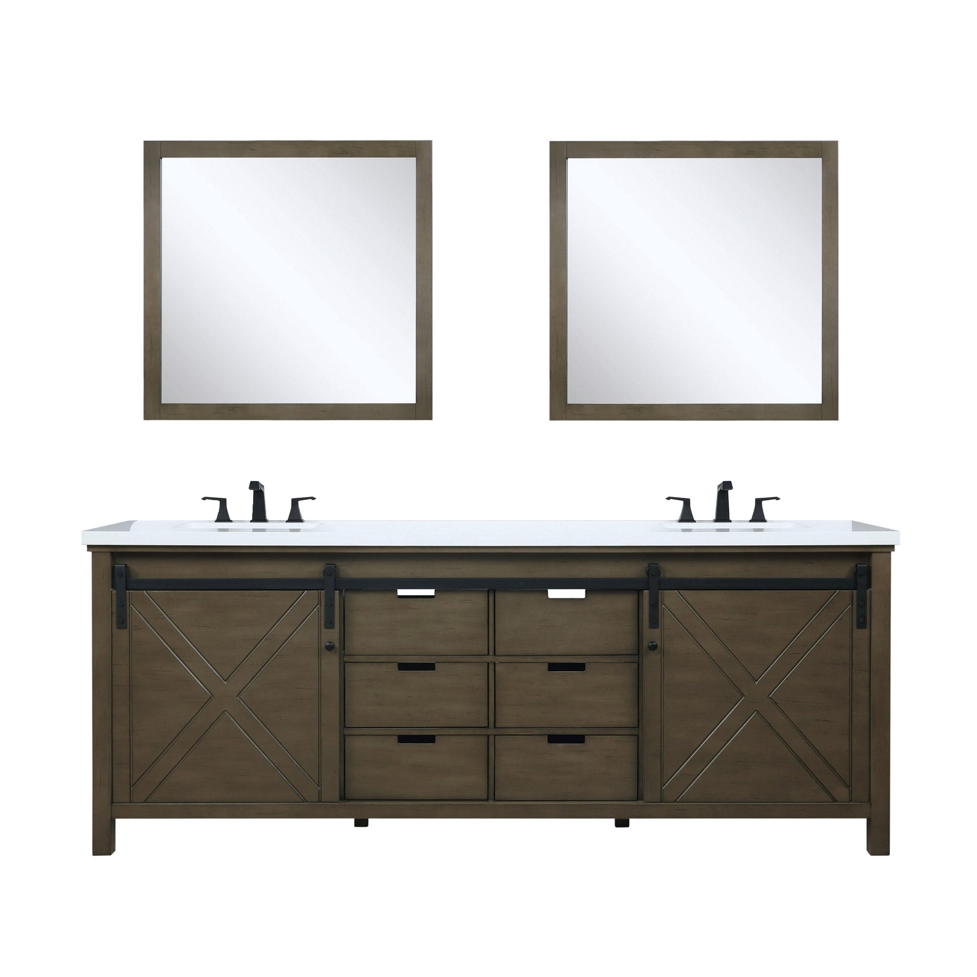 Marsyas 84" White, Dark Grey, Brown, Rustic Brown, Ash Grey Double Vanity, Available with White Carrara Marble Top and Quartz Top, White Square Sink, 34" Mirror and Faucet - The Bath Vanities