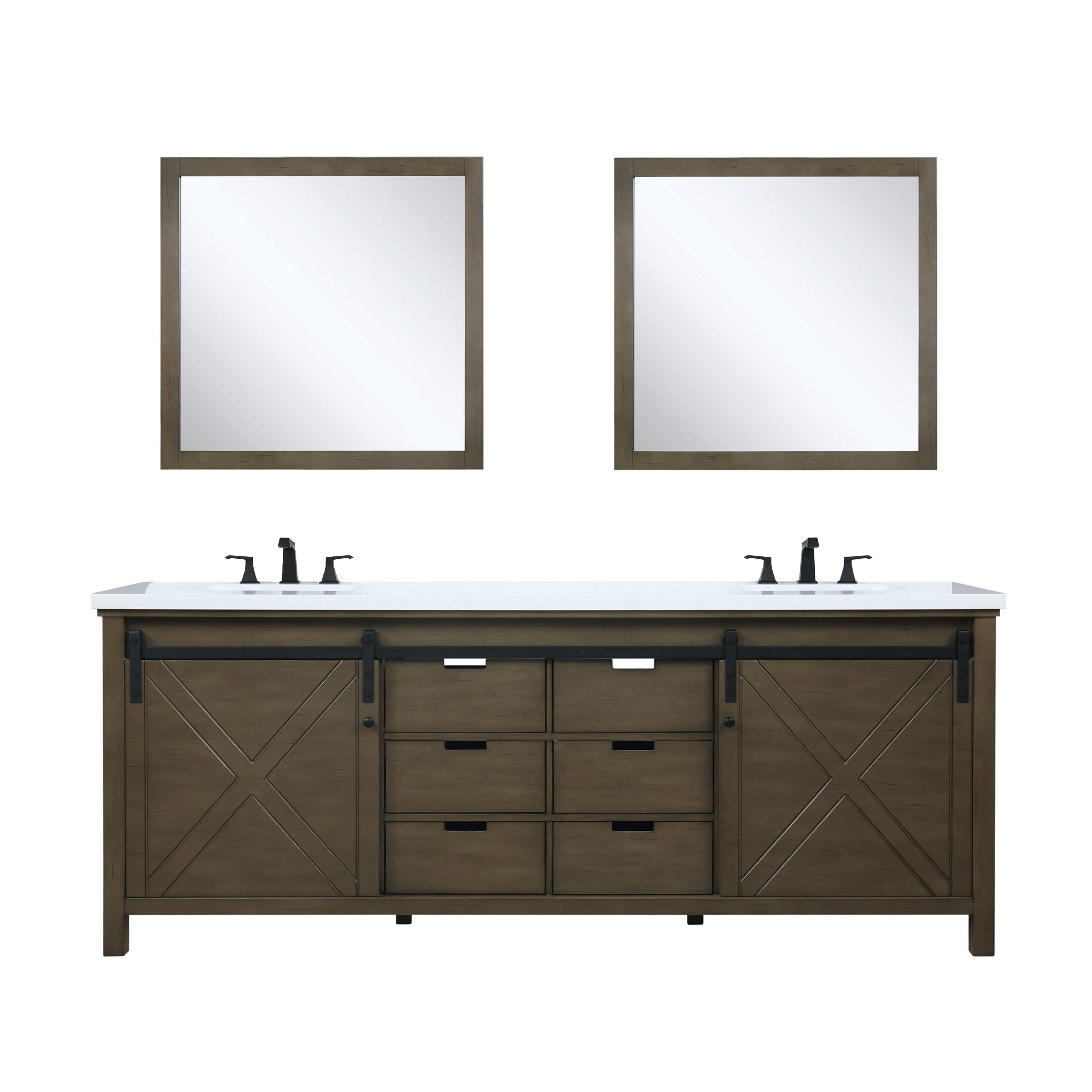 Marsyas 84" White, Dark Grey, Brown, Rustic Brown, Ash Grey Double Vanity, Available with White Carrara Marble Top and Quartz Top, White Square Sink, 34" Mirror and Faucet - The Bath Vanities