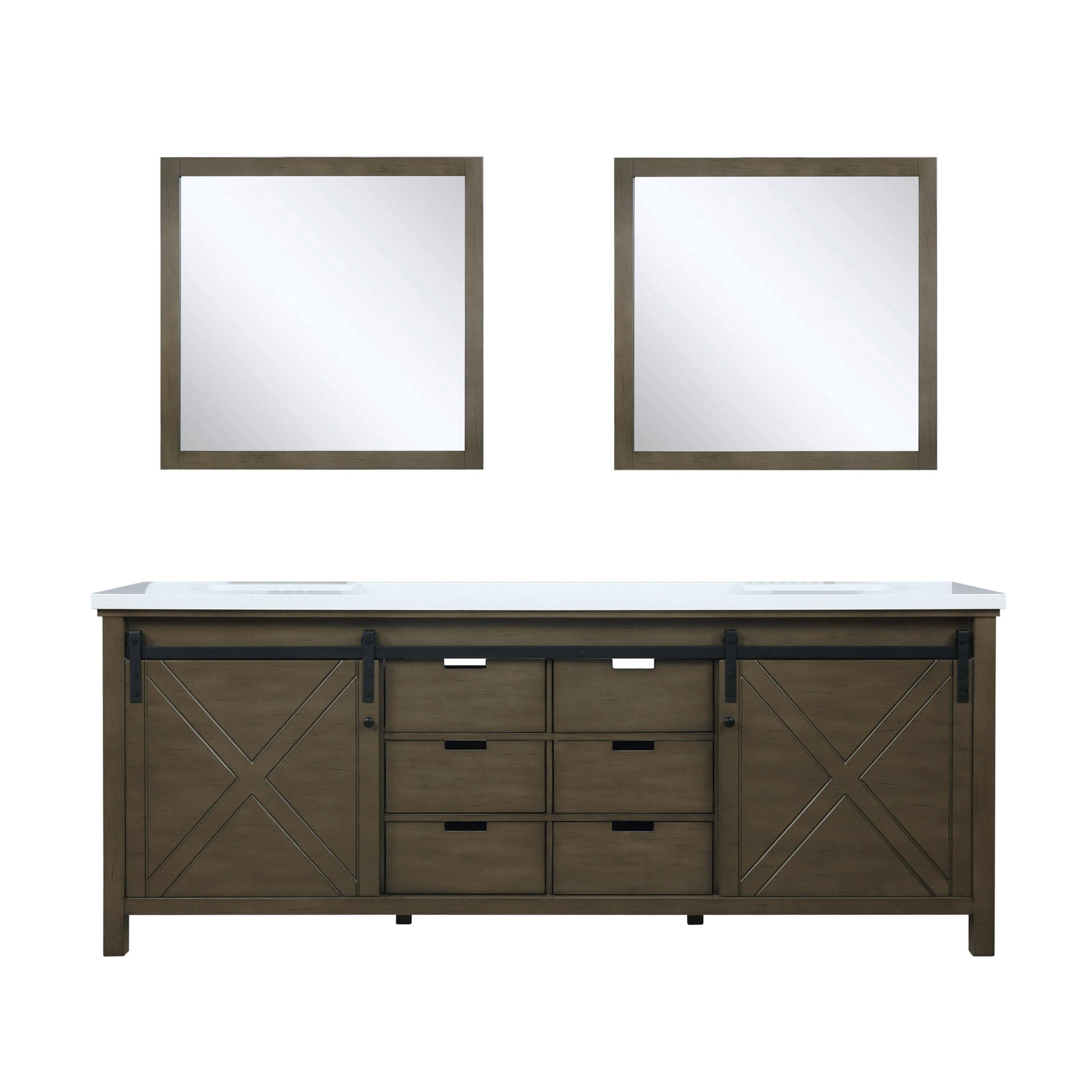 Marsyas 84" White, Dark Grey, Brown, Rustic Brown, Ash Grey Double Vanity, Available with White Carrara Marble Top and Quartz Top, White Square Sink, 34" Mirror and Faucet - The Bath Vanities