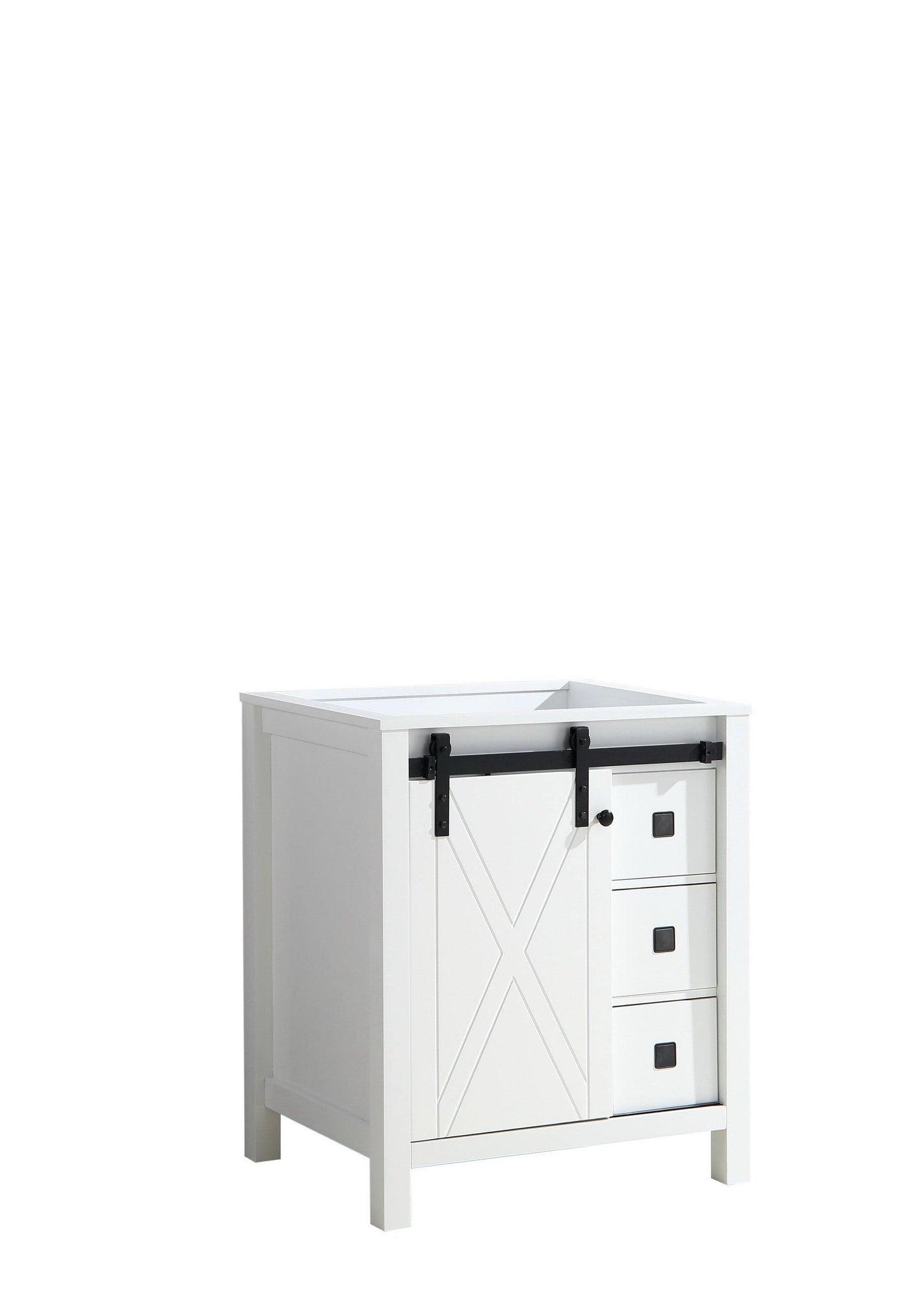 Marsyas Veluti 30"  White, Dark Grey, Rustic Brown Single Vanity, Available with White Carrara Marble or Grey Quartz Top, White Square Sink, 28" Mirror and Faucet - The Bath Vanities