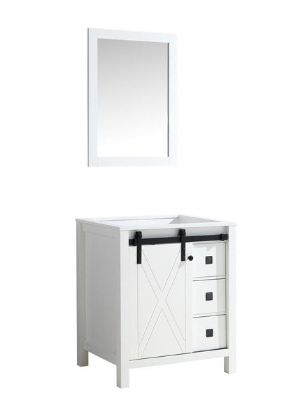 Marsyas Veluti 30"  White, Dark Grey, Rustic Brown Single Vanity, Available with White Carrara Marble or Grey Quartz Top, White Square Sink, 28" Mirror and Faucet - The Bath Vanities