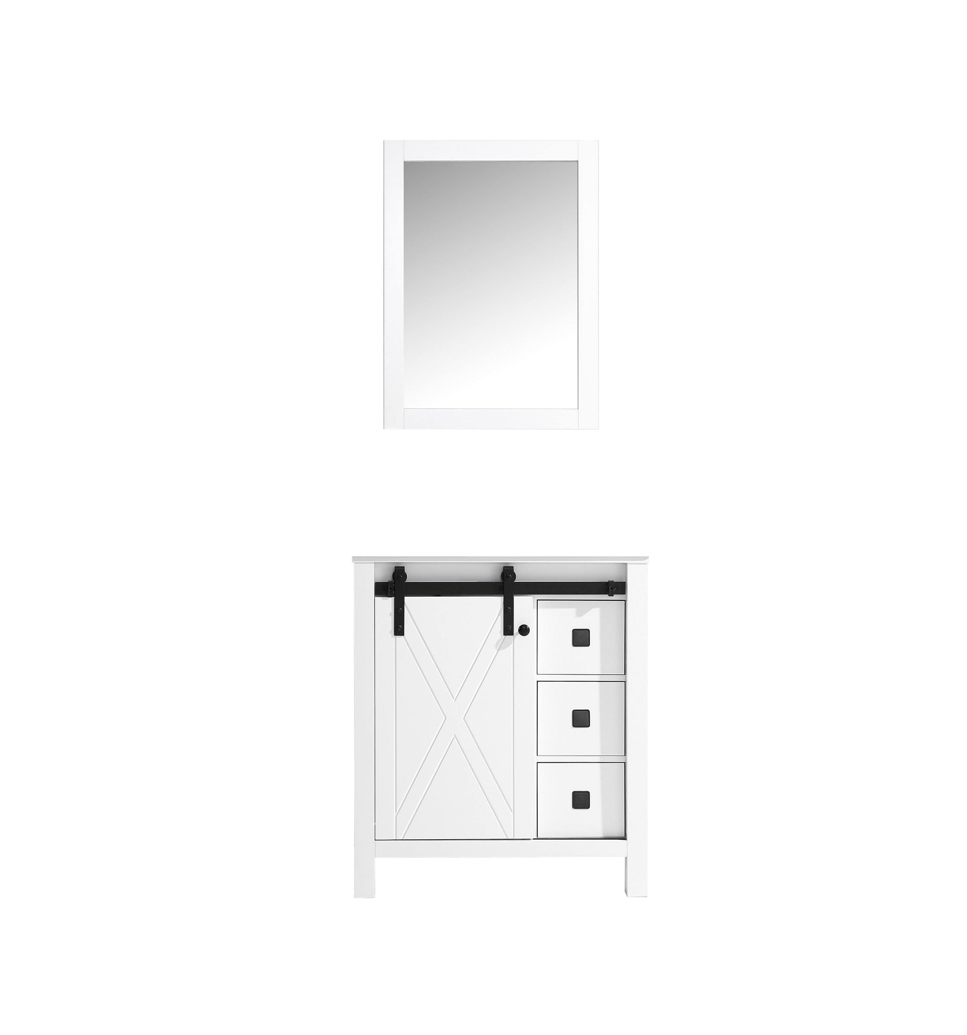 Marsyas Veluti 30"  White, Dark Grey, Rustic Brown Single Vanity, Available with White Carrara Marble or Grey Quartz Top, White Square Sink, 28" Mirror and Faucet - The Bath Vanities