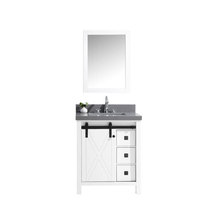 Marsyas Veluti 30"  White, Dark Grey, Rustic Brown Single Vanity, Available with White Carrara Marble or Grey Quartz Top, White Square Sink, 28" Mirror and Faucet - The Bath Vanities