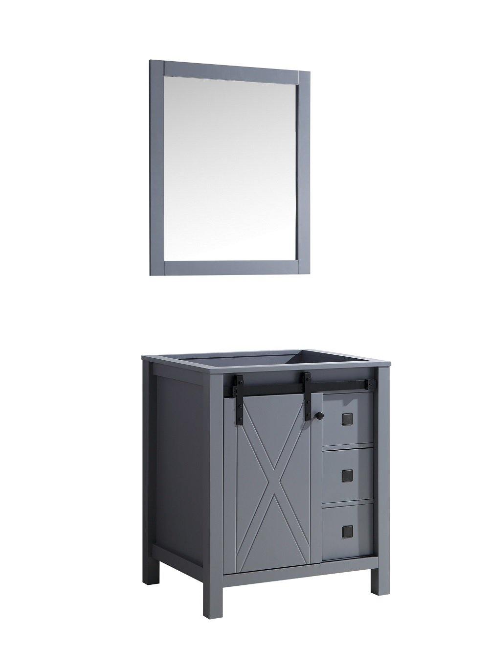 Marsyas Veluti 30"  White, Dark Grey, Rustic Brown Single Vanity, Available with White Carrara Marble or Grey Quartz Top, White Square Sink, 28" Mirror and Faucet - The Bath Vanities