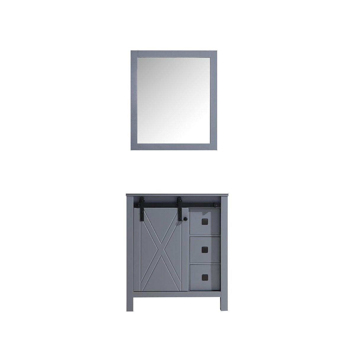 Marsyas Veluti 30"  White, Dark Grey, Rustic Brown Single Vanity, Available with White Carrara Marble or Grey Quartz Top, White Square Sink, 28" Mirror and Faucet - The Bath Vanities