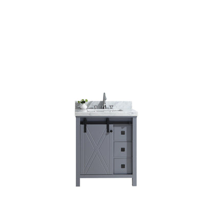 Marsyas Veluti 30"  White, Dark Grey, Rustic Brown Single Vanity, Available with White Carrara Marble or Grey Quartz Top, White Square Sink, 28" Mirror and Faucet - The Bath Vanities