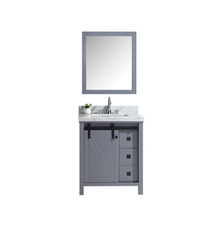 Marsyas Veluti 30"  White, Dark Grey, Rustic Brown Single Vanity, Available with White Carrara Marble or Grey Quartz Top, White Square Sink, 28" Mirror and Faucet - The Bath Vanities