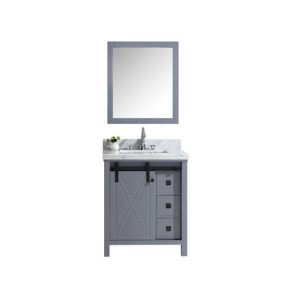 Marsyas Veluti 30"  White, Dark Grey, Rustic Brown Single Vanity, Available with White Carrara Marble or Grey Quartz Top, White Square Sink, 28" Mirror and Faucet - The Bath Vanities