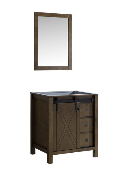 Marsyas Veluti 30"  White, Dark Grey, Rustic Brown Single Vanity, Available with White Carrara Marble or Grey Quartz Top, White Square Sink, 28" Mirror and Faucet - The Bath Vanities