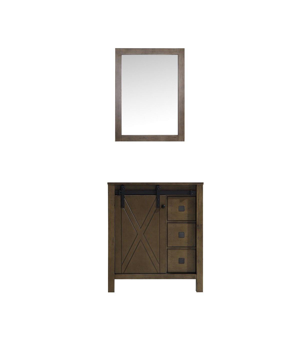 Marsyas Veluti 30"  White, Dark Grey, Rustic Brown Single Vanity, Available with White Carrara Marble or Grey Quartz Top, White Square Sink, 28" Mirror and Faucet - The Bath Vanities