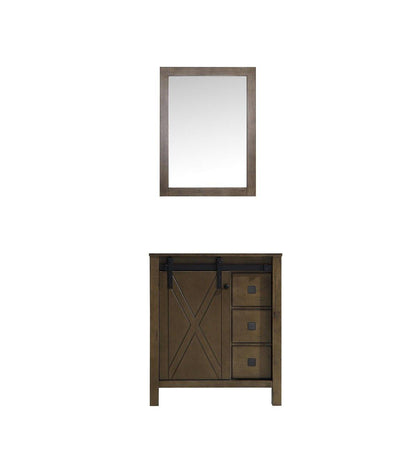 Marsyas Veluti 30"  White, Dark Grey, Rustic Brown Single Vanity, Available with White Carrara Marble or Grey Quartz Top, White Square Sink, 28" Mirror and Faucet - The Bath Vanities