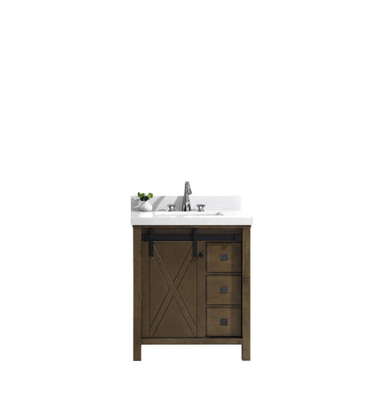 Marsyas Veluti 30"  White, Dark Grey, Rustic Brown Single Vanity, Available with White Carrara Marble or Grey Quartz Top, White Square Sink, 28" Mirror and Faucet - The Bath Vanities