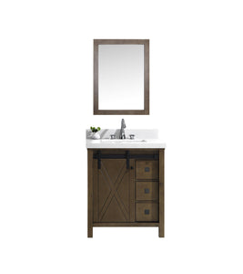 Marsyas Veluti 30"  White, Dark Grey, Rustic Brown Single Vanity, Available with White Carrara Marble or Grey Quartz Top, White Square Sink, 28" Mirror and Faucet - The Bath Vanities