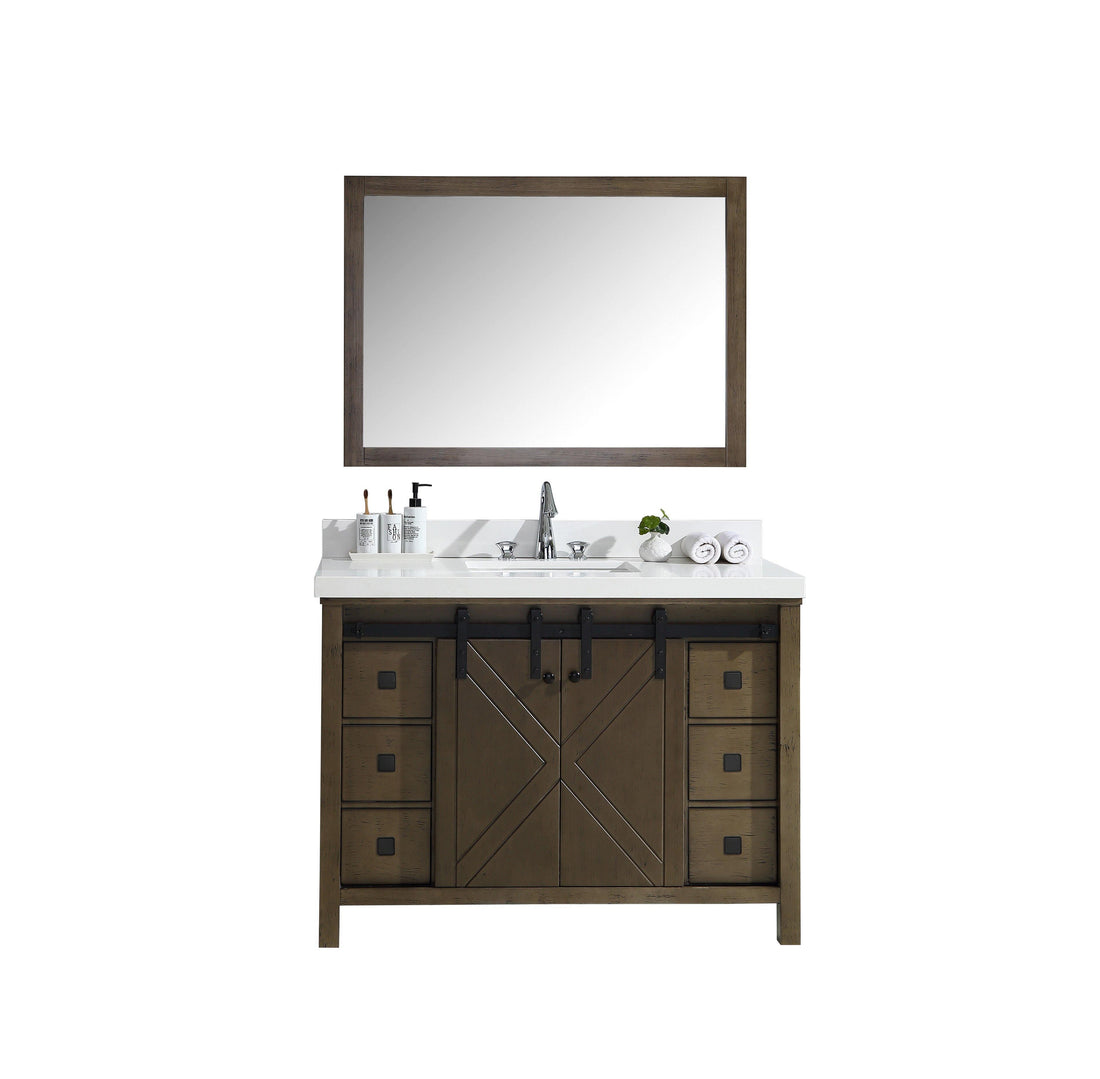 Marsyas Veluti 48" Rustic Brown Single Vanity, Available with White Carrara Marble Top, White Square Sink and 44" Mirror and Faucet - The Bath Vanities