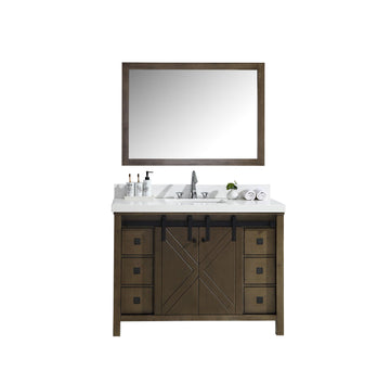 Marsyas Veluti 48" Rustic Brown Single Vanity, Available with White Carrara Marble Top, White Square Sink and 44" Mirror and Faucet - The Bath Vanities