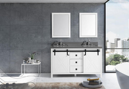 Marsyas Veluti 60"  White or Rustic Brown Double Vanity, Available with White Carrara Marble Top, White Square Sink, 24" Mirror and Faucet - The Bath Vanities