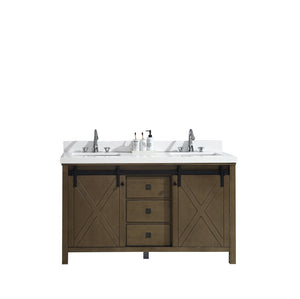 Marsyas Veluti 60"  White or Rustic Brown Double Vanity, Available with White Carrara Marble Top, White Square Sink, 24" Mirror and Faucet - The Bath Vanities