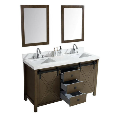 Marsyas Veluti 60"  White or Rustic Brown Double Vanity, Available with White Carrara Marble Top, White Square Sink, 24" Mirror and Faucet - The Bath Vanities