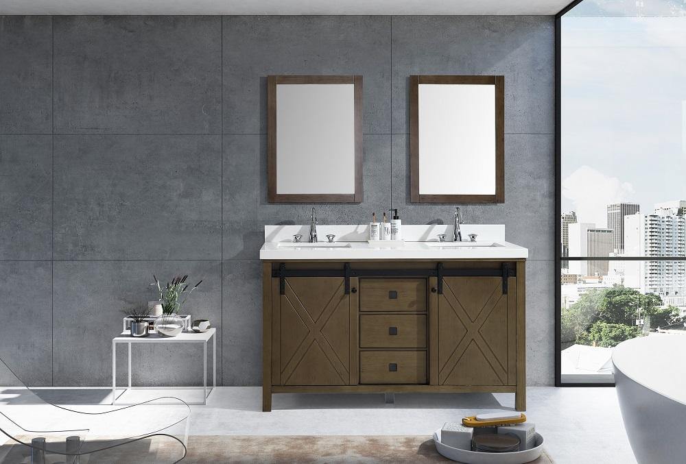 Marsyas Veluti 60"  White or Rustic Brown Double Vanity, Available with White Carrara Marble Top, White Square Sink, 24" Mirror and Faucet - The Bath Vanities