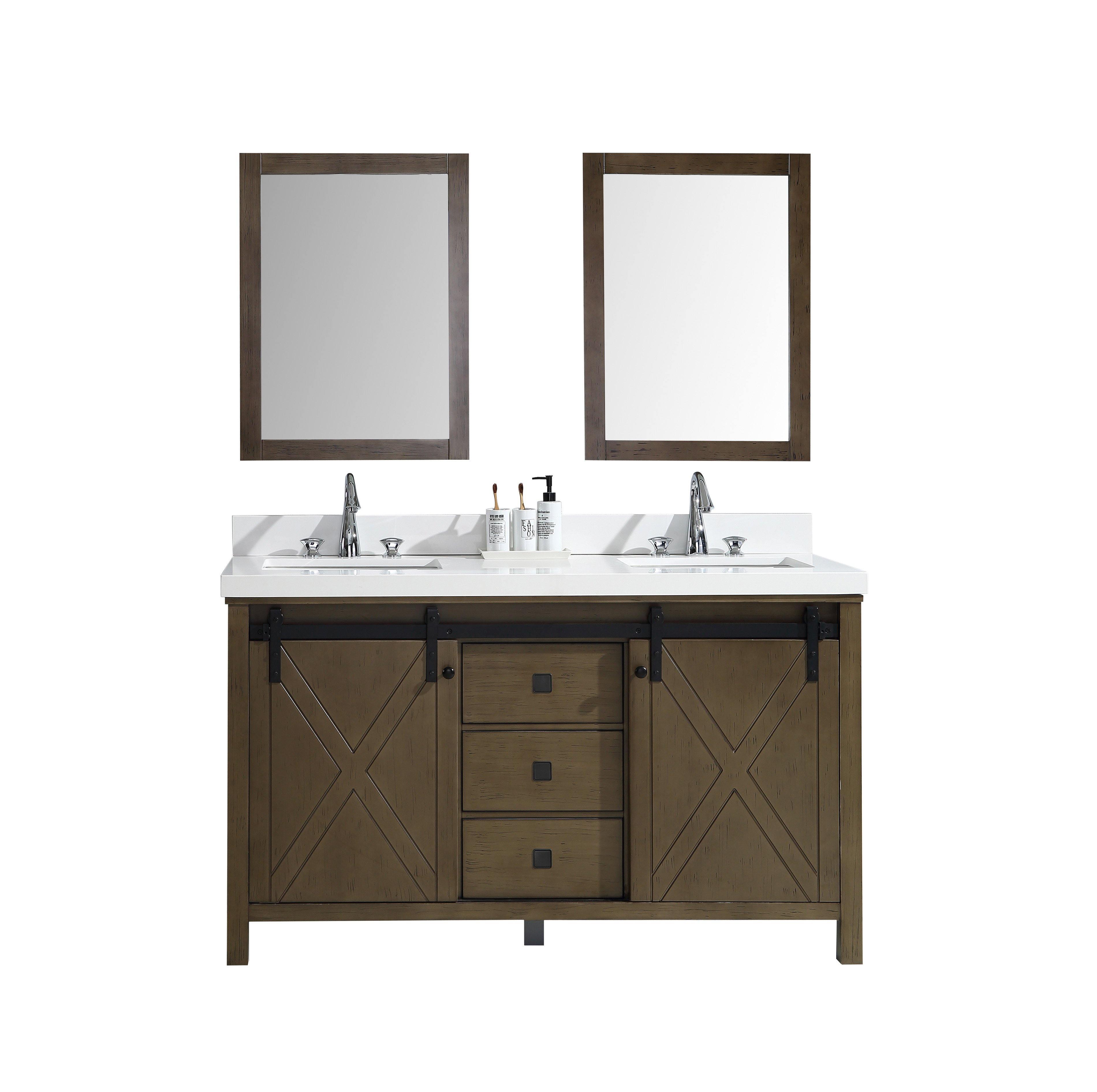 Marsyas Veluti 60"  White or Rustic Brown Double Vanity, Available with White Carrara Marble Top, White Square Sink, 24" Mirror and Faucet - The Bath Vanities