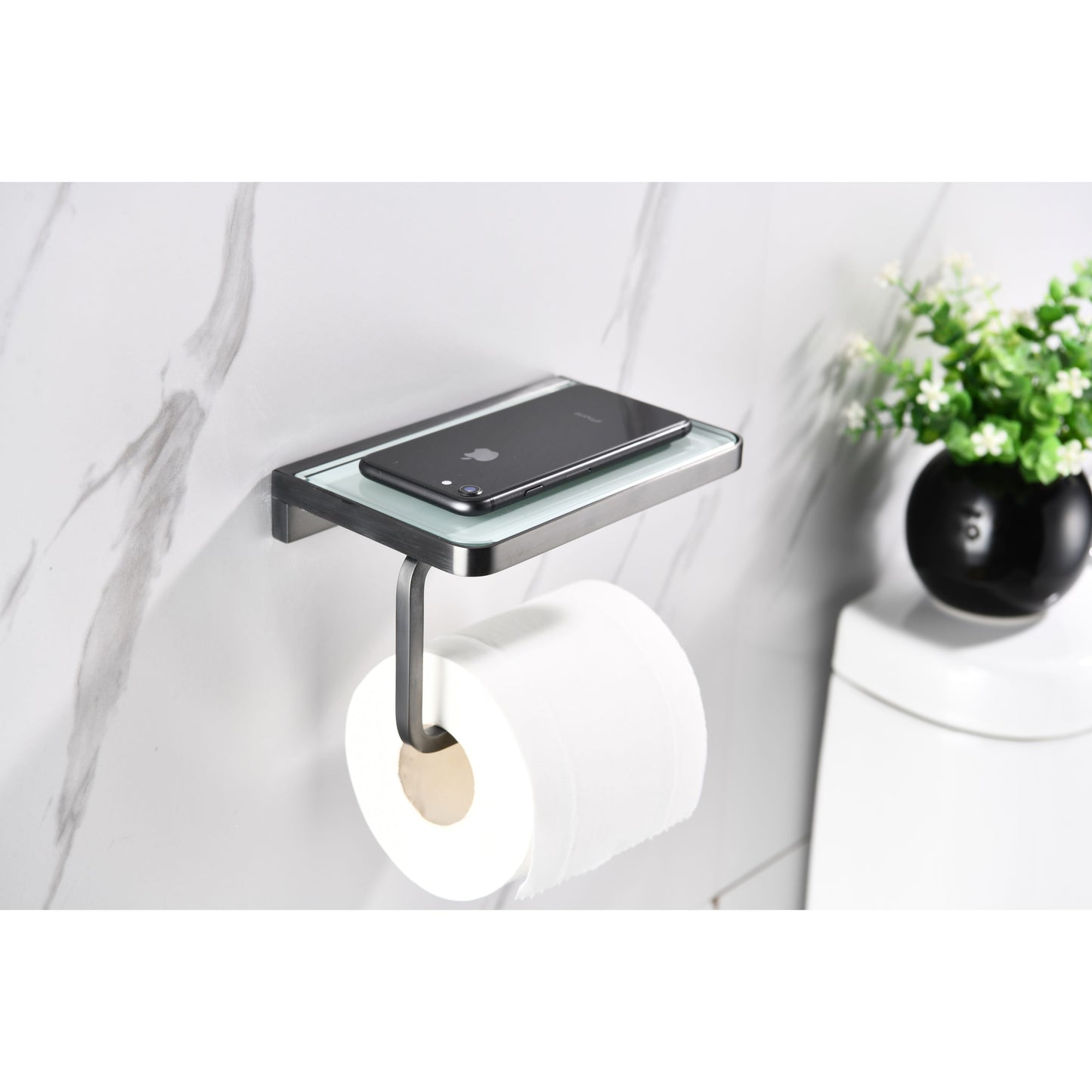 Bagno Bianca White / Black Glass Shelf w/ Toilet Paper Holder