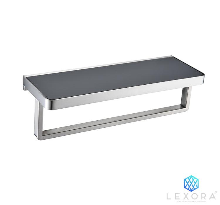 Lexora Bagno Bianca Black / White Glass Shelf w/ Towel Bar
