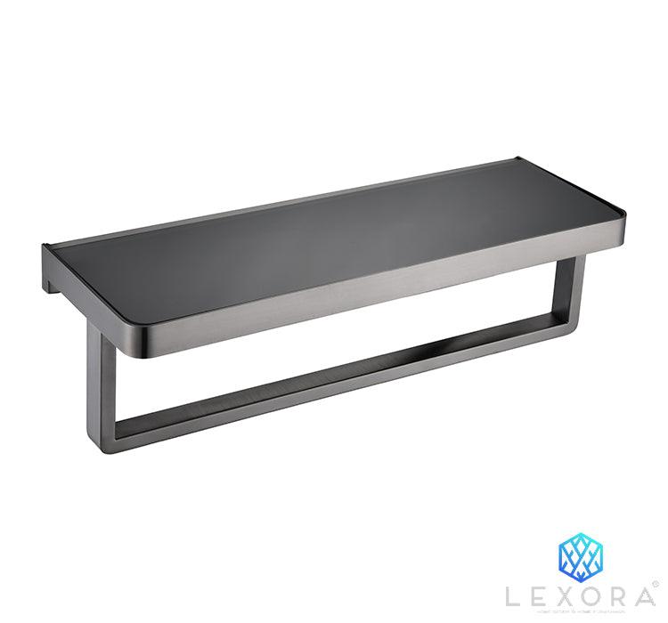 Lexora Bagno Bianca Black / White Glass Shelf w/ Towel Bar