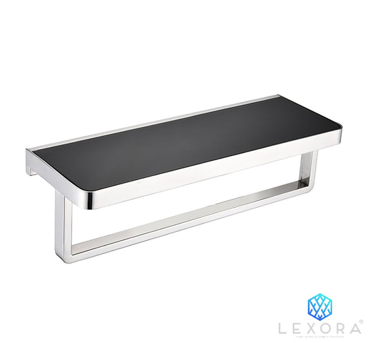 Lexora Bagno Bianca Black / White Glass Shelf w/ Towel Bar