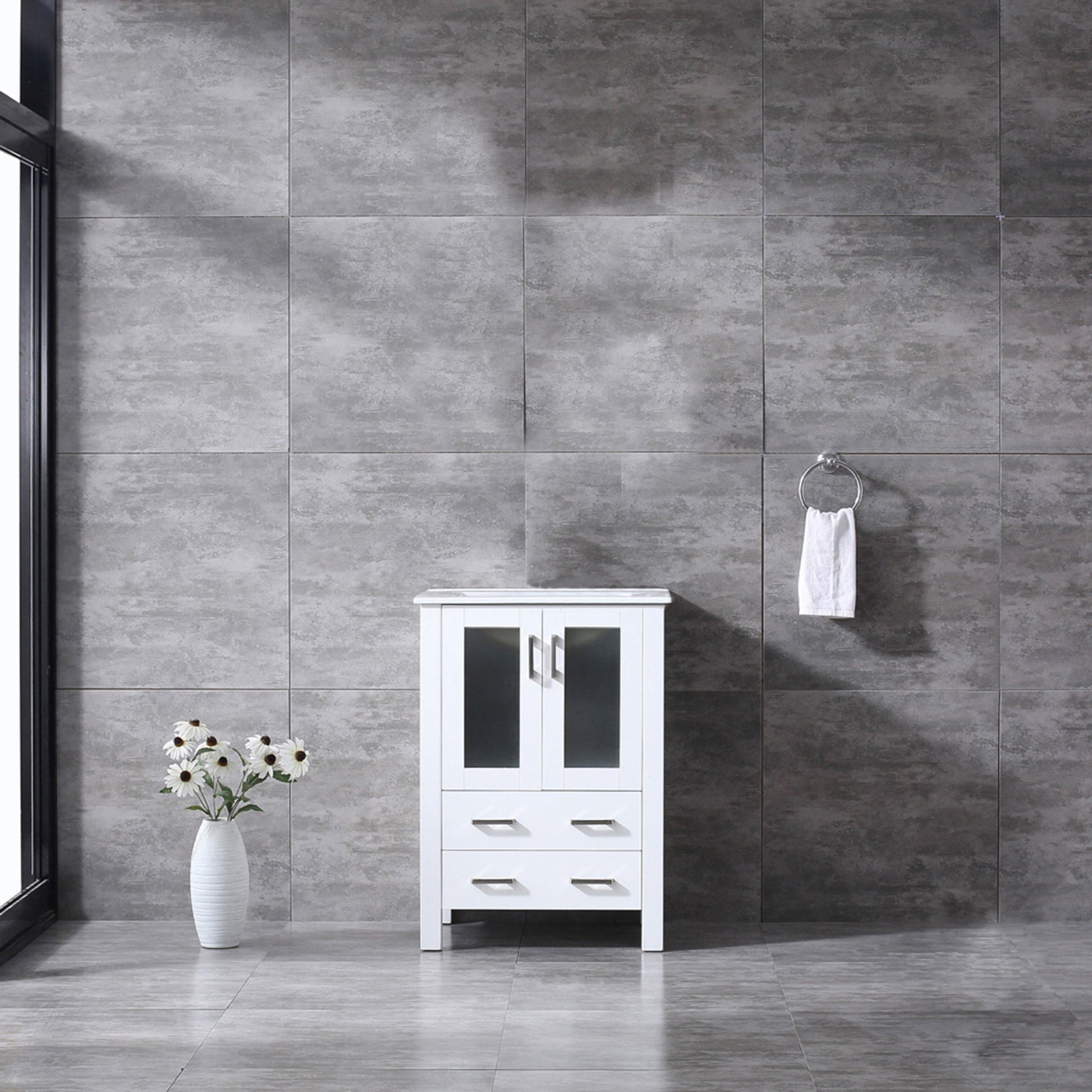 Volez 24" White, Dark Grey or Navy Blue Single Vanity, Integrated Top, White Integrated Square Sink, Available with 22" Mirror and Faucet - The Bath Vanities