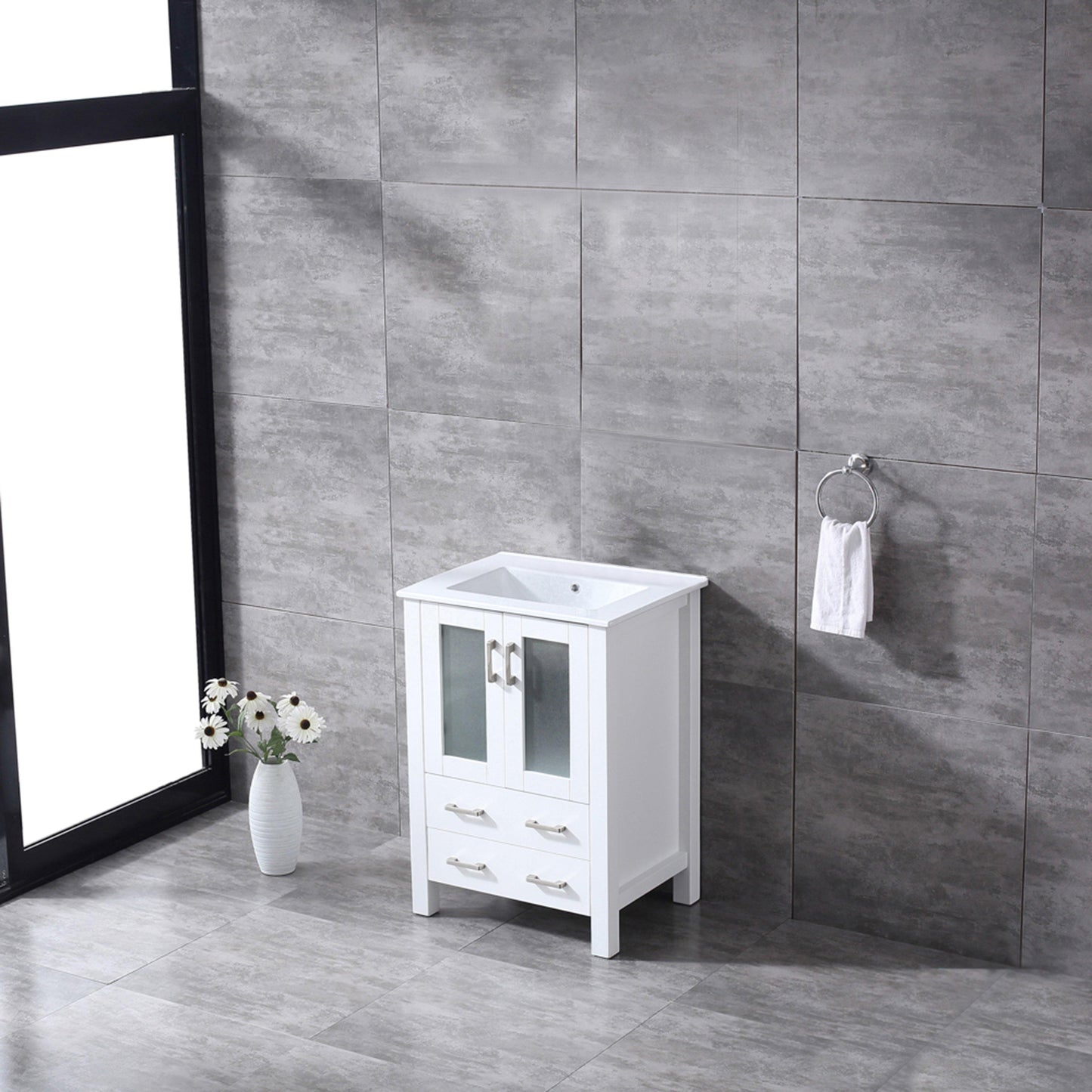 Volez 30" White, Dark Grey or Navy Blue Single Vanity, Integrated Top, White Integrated Square Sink, Available with 28" Mirror and Faucet - The Bath Vanities