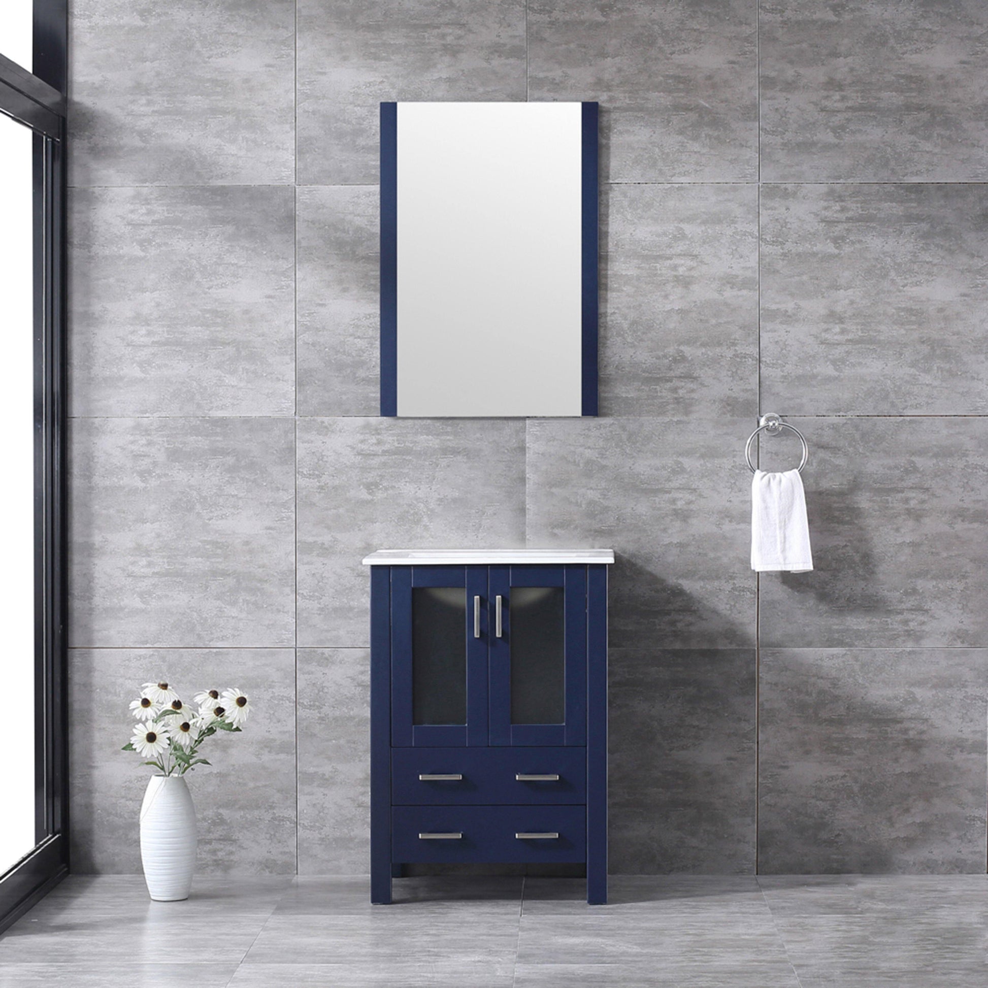 Volez 24" White, Dark Grey or Navy Blue Single Vanity, Integrated Top, White Integrated Square Sink, Available with 22" Mirror and Faucet - The Bath Vanities