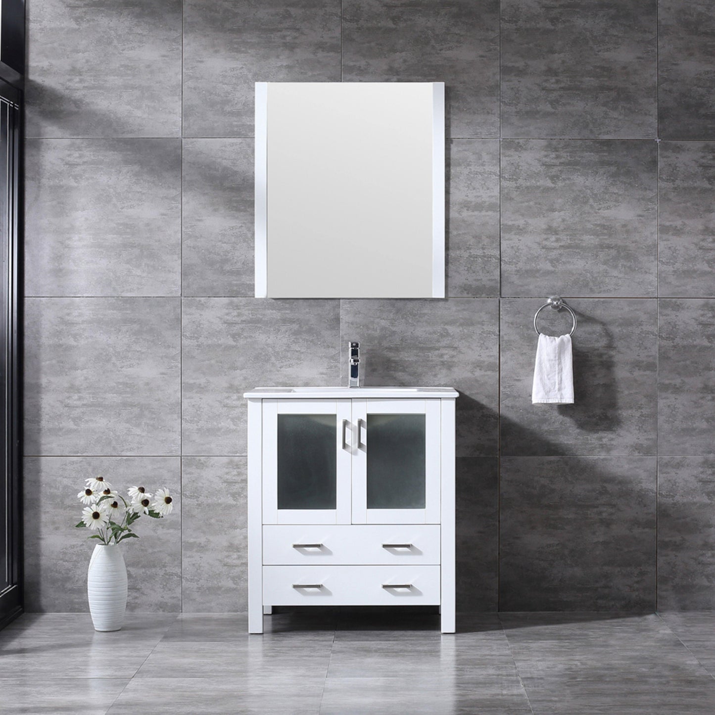 Volez 30" White, Dark Grey or Navy Blue Single Vanity, Integrated Top, White Integrated Square Sink, Available with 28" Mirror and Faucet - The Bath Vanities