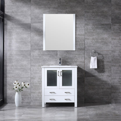 Volez 30" White, Dark Grey or Navy Blue Single Vanity, Integrated Top, White Integrated Square Sink, Available with 28" Mirror and Faucet - The Bath Vanities